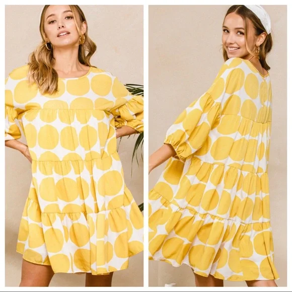 14 Boho Large Polka Dot Print Quarter Sleeve Swing Dress - Picture 1 of 6
